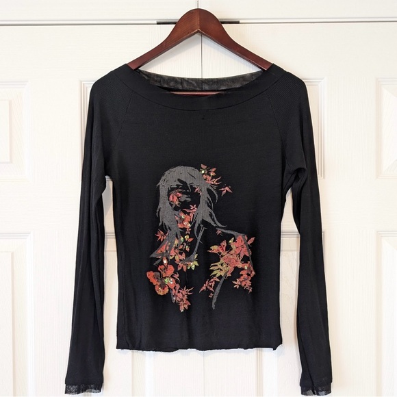 Tops - Authentic Y2K Vintage Grunge Fairy Ribbed Girl Graphic Sequins Long Sleeve Tee